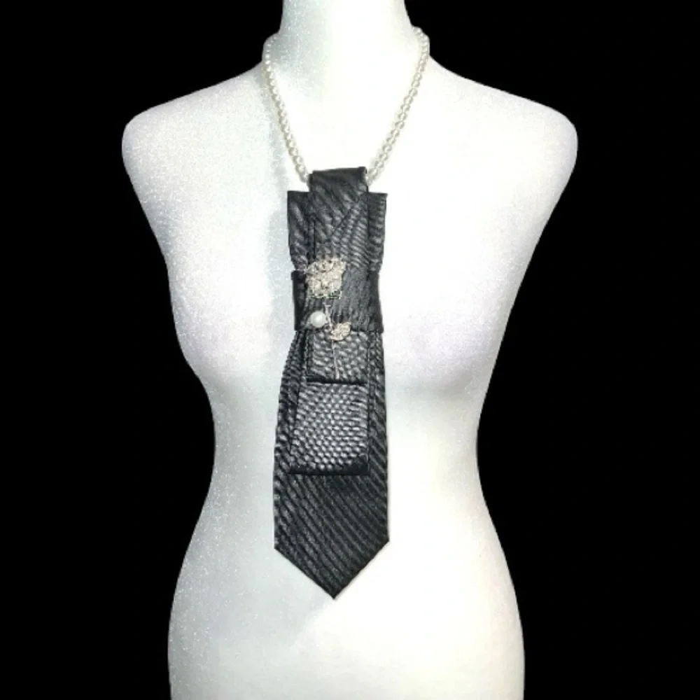 “Dainty Dapper”Elegant Black Tie necklace with Silver long stem rose brooch